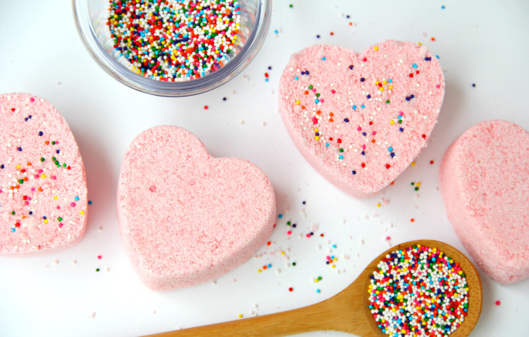 Rainbow pink heart bath bombs